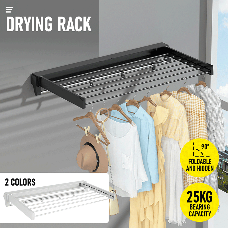 Wall Mounted Drying Rack Clothes Airer Space Saver Folding Dryer Bearing Capacity 25KG Foldable Rail With Hooks Indoor Outdoor Balcony Laundry White/Black