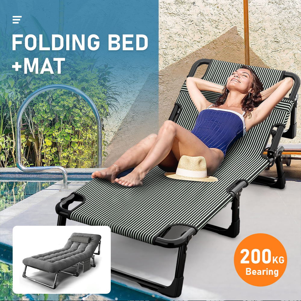 Heavy Duty 200kg Foldable Bed Recliner Chair 4 Reclining Position with Optional Mattress Headrest For Camping Picnic Surf Beach Backyard Relaxation