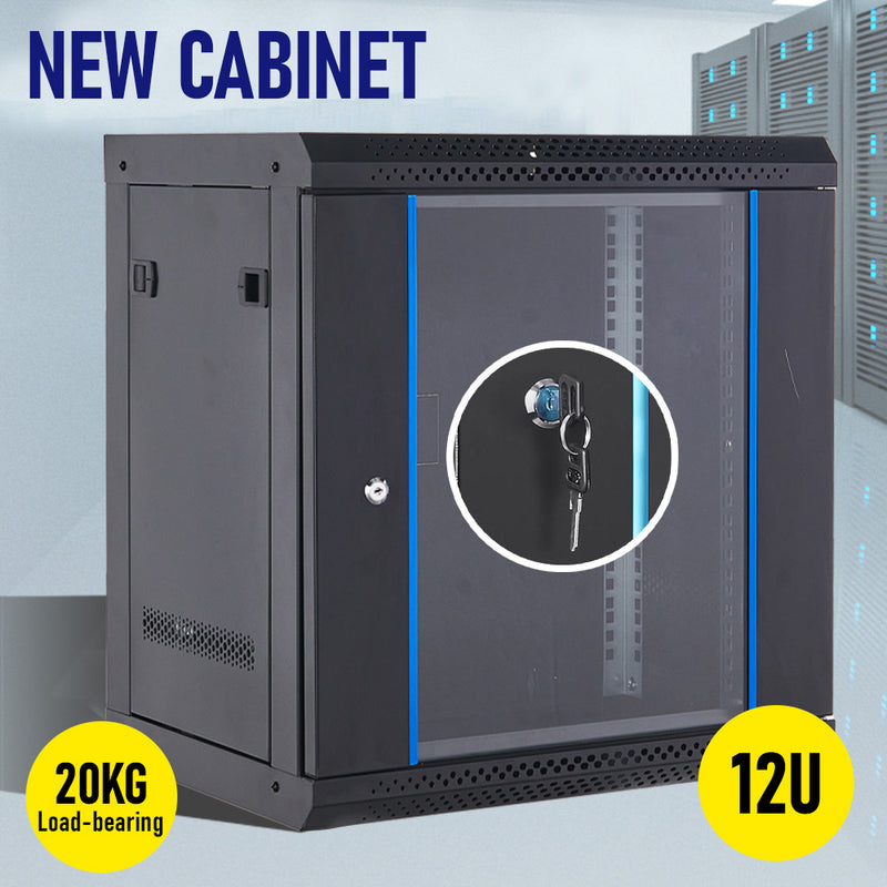 12U Cabinet Server Network Data Rack Wall Mount LAN Rack IT Equipment 20kg Max with Lockable Glass Door and Removable Side Panels 400mm Deep Overall 0.6mm