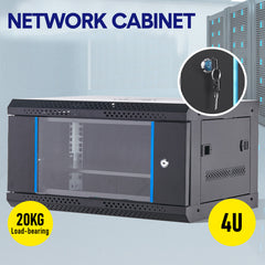 4U Network Data Cabinet Server Rack Wall Mount LAN Rack IT Equipment Max Load 20kg with Lockable Glass Door/Removable Side Panels 400mm Deep Overall 0.6mm