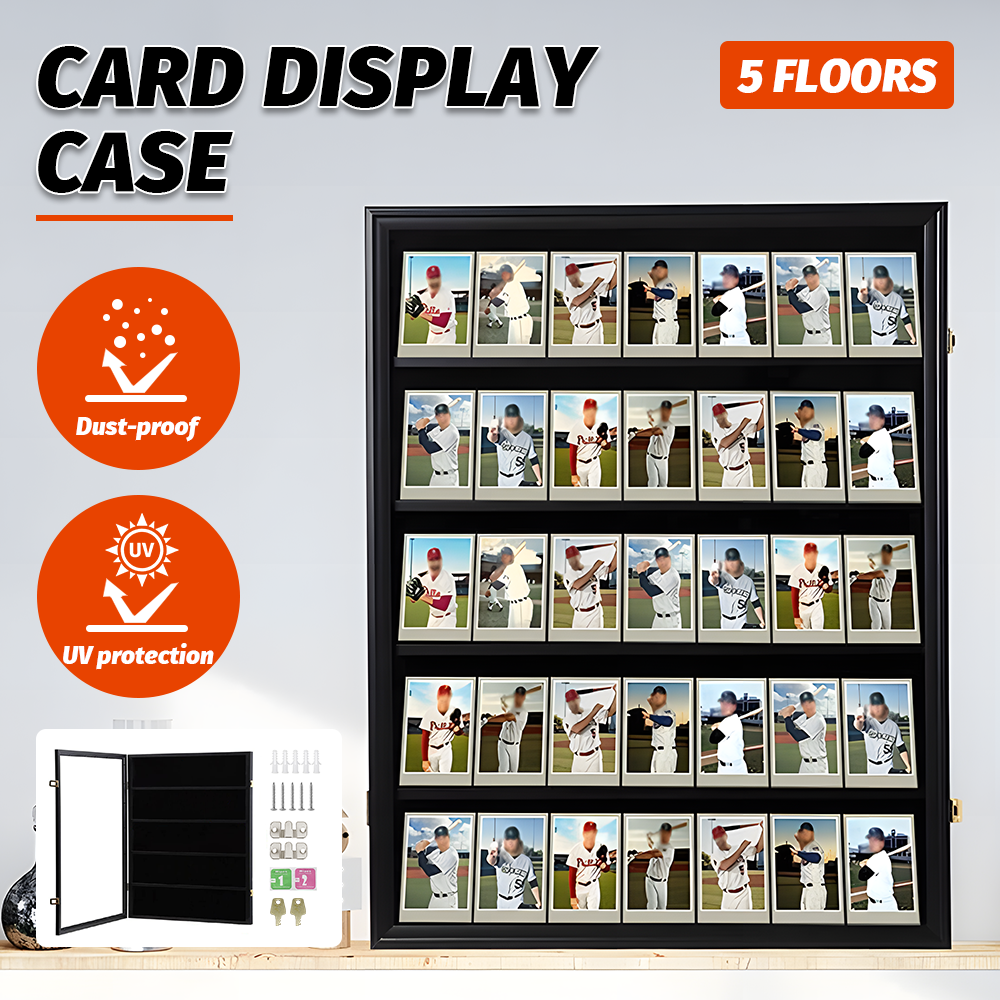 35 Card Display Case Lockable Wall Mount 7X5Frame Clear View Card Holder Collector with UV Protection for Sports Baseball Football Trading Card Collection