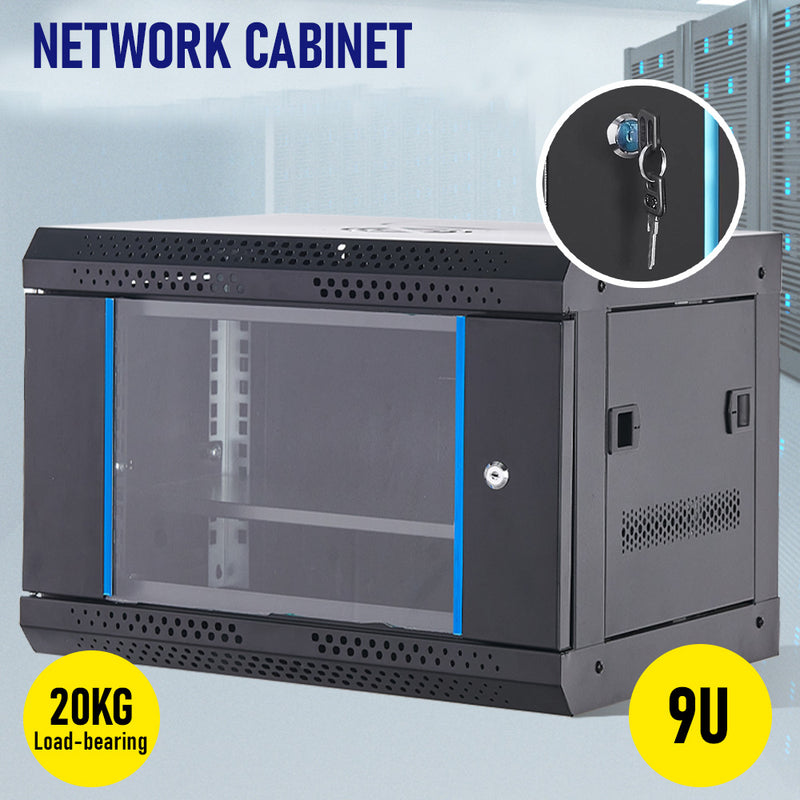 9U Cabinet Server Network Data Rack Wall Mount LAN Rack IT Equipment 20kg Max with Lockable Glass Door and Removable Side Panel Overall 0.6mm 450x542x400mm