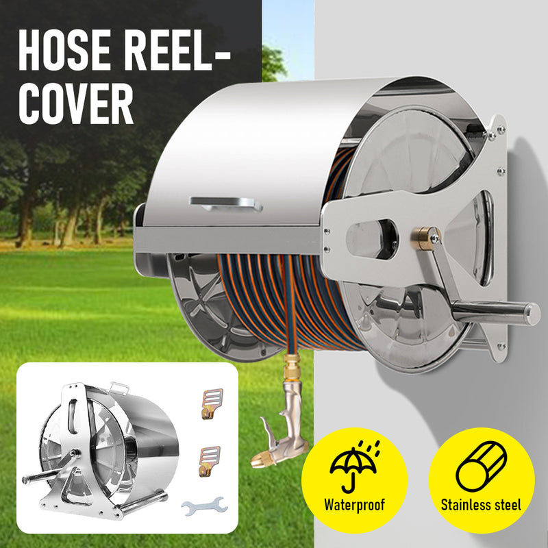 Large Stainless Steel Garden Hose Reel Cart Portable Pipe Holder With Rainproof Sunscreen Protection Lid and Crank Handle