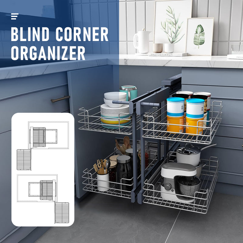 Blind Corner Pull Out Organizer for 31.5'' Cabinet Left Open & Right Open Compatible Min Opening 15'' 2 tier Pull Out Basket Soft Close Bottom Mount