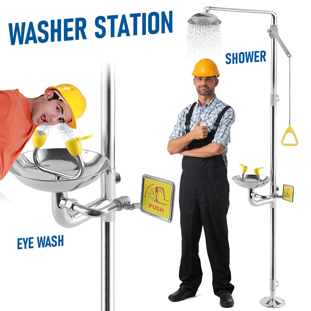 Eye Wash Station Emergency Shower Combination First Aid Face Eye Washer Continuous Flow with Pedal Luminous Sign Stainless Steel