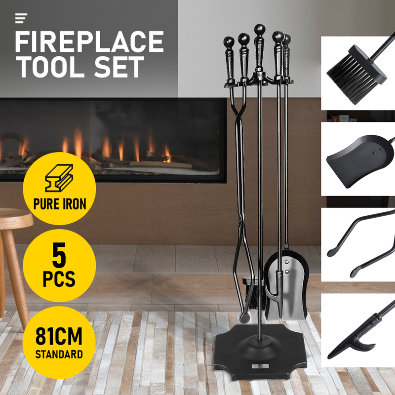 Fireplace Tool Set Fire Pit Stand Black Cast Iron Tongs 5 PCS  Caddy Poker Shovel Brush Clipper Holder Tools Kit 81cm for Indoor and Outdoor Classic