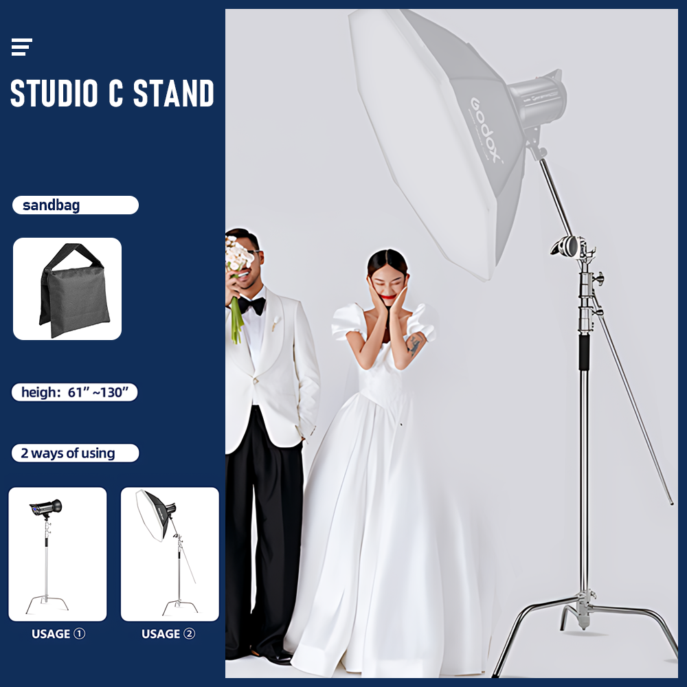 Alston 3.3m Heavy-Duty Stainless Steel C-Stand with Boom Arm Grip Head Adjustable Light Stand for Photograph Studio Reflectors Softbox Moonlight with Sandbag