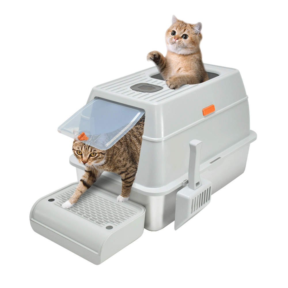 20L Large Anti-Leak Enclosed Cat Litter Box Stainless Steel Detachable Kitty Litter Tray with ABS Lid High Sides Scoop and Ramp Easy Cleaning Light Grey