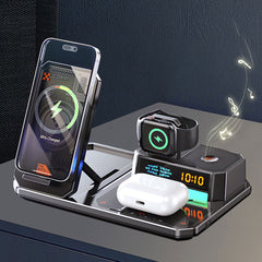 6IN1 Wireless Charger Station With Bluetooth Speaker and Digital Clock Light Fast Charging Station for Apple Devices Watch iPhone AirPods Samsung Vivo