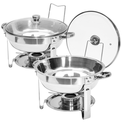 2 Pack Round Chafing Dish Buffet Set Bain-Marie Set 201 Stainless Steel 4.5L Food Pan with Glass Lid and Fuel Holder for Restaurant Party Catering Wedding