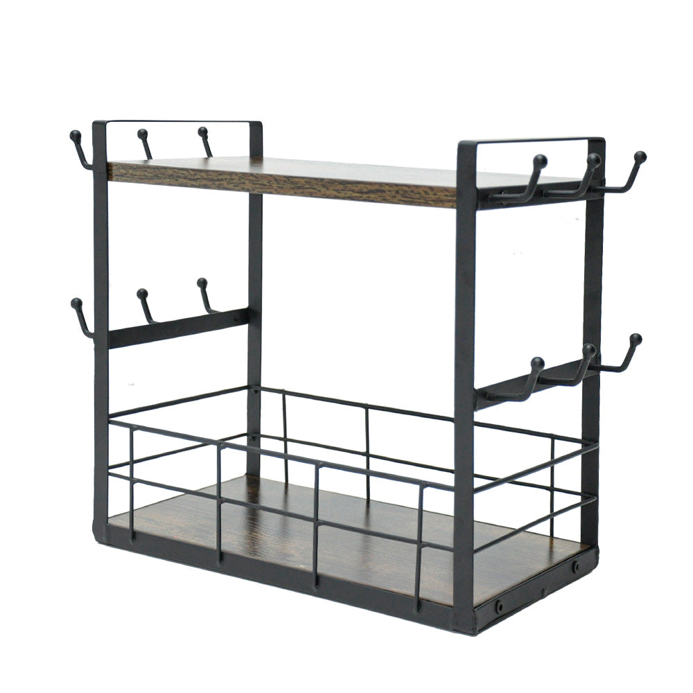 2-layer Coffee Bar Storage Rack Suitable for Home Office Multi-functional Coffee Cup Holder with 12 Hooks Accessory Storage Rack Space-saving Coffee Corner Enhancer