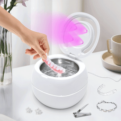 Ultrasonic UV Cleaner Portable 42khz Dual Mode Cleaner 180-220ml with Chamber and Timer for Dentures Aligner Retainer Dental and Jewellery Cleaning Machine