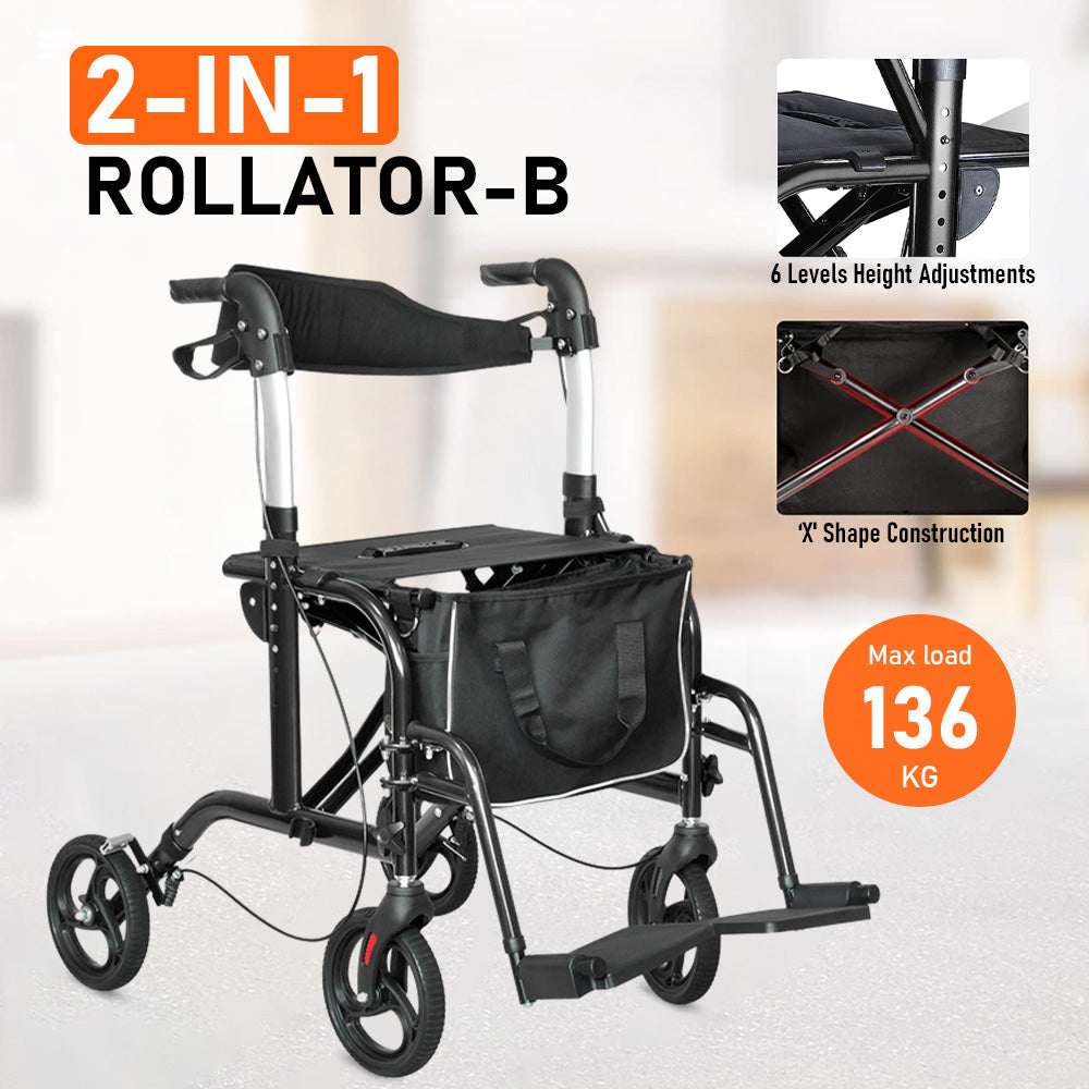 2-in-1 Black Wheelchair Walking Frame Rollator Mobility Walker Aid Wheels for Elderly Disability with Padded Seat,Adjustable Handle and Reversible Backrest