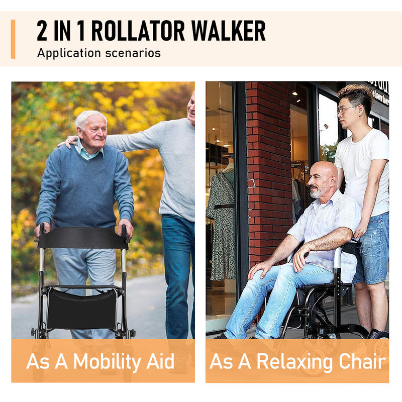 2-in-1 Black Wheelchair Walking Frame Rollator Mobility Walker Aid Wheels for Elderly Disability with Padded Seat,Adjustable Handle and Reversible Backrest