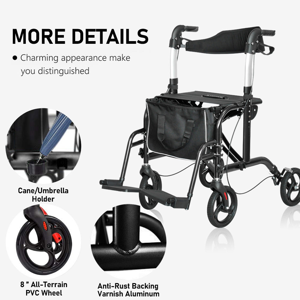 2-in-1 Black Wheelchair Walking Frame Rollator Mobility Walker Aid Wheels for Elderly Disability with Padded Seat,Adjustable Handle and Reversible Backrest