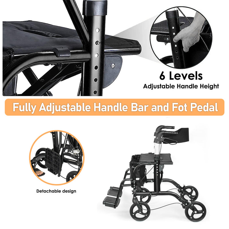 2-in-1 Black Wheelchair Walking Frame Rollator Mobility Walker Aid Wheels for Elderly Disability with Padded Seat,Adjustable Handle and Reversible Backrest