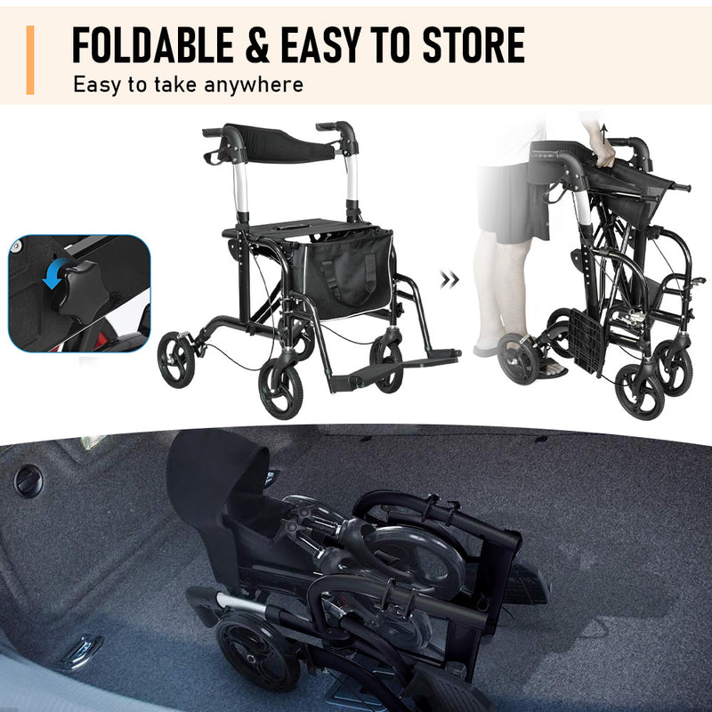 2-in-1 Black Wheelchair Walking Frame Rollator Mobility Walker Aid Wheels for Elderly Disability with Padded Seat,Adjustable Handle and Reversible Backrest