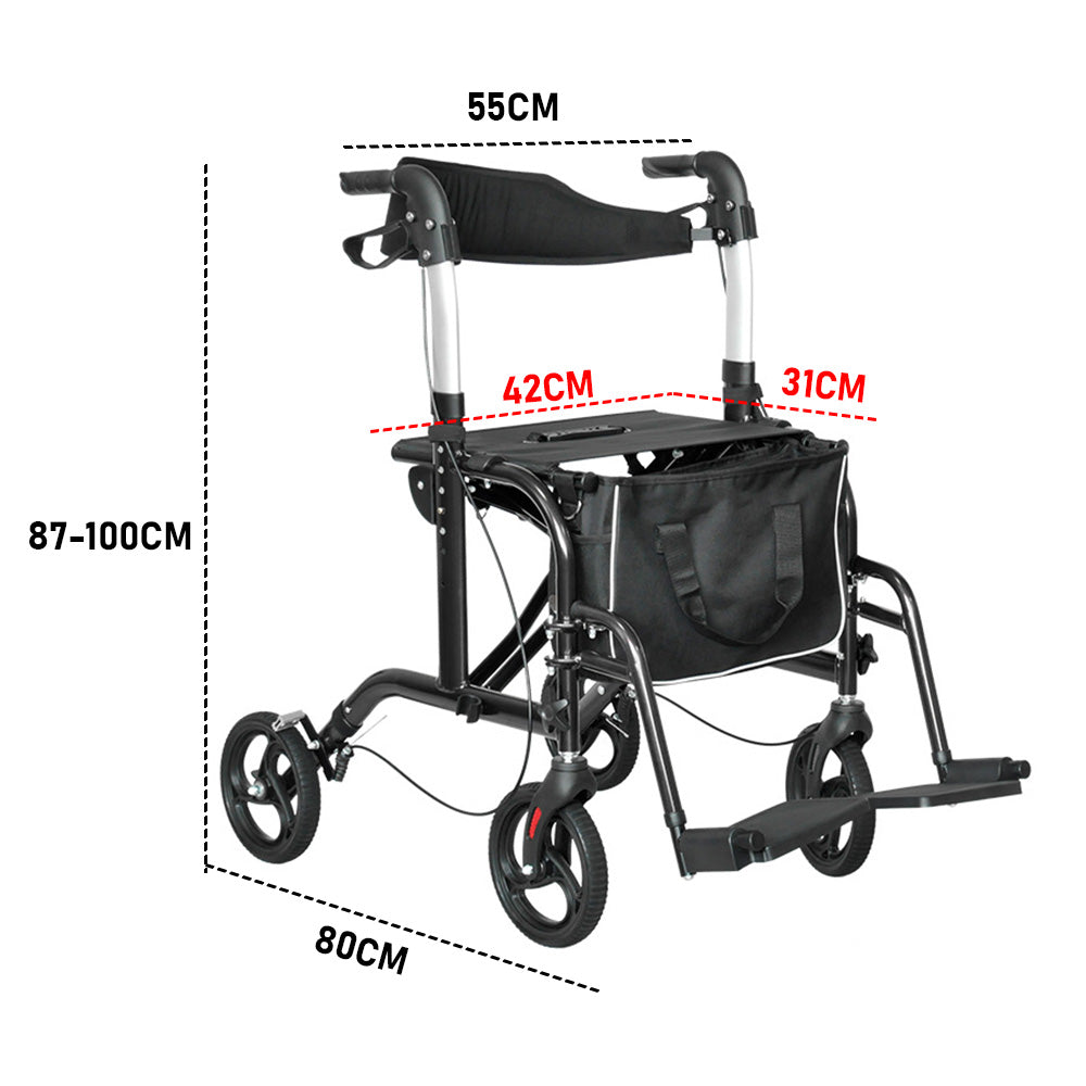 2-in-1 Black Wheelchair Walking Frame Rollator Mobility Walker Aid Wheels for Elderly Disability with Padded Seat,Adjustable Handle and Reversible Backrest