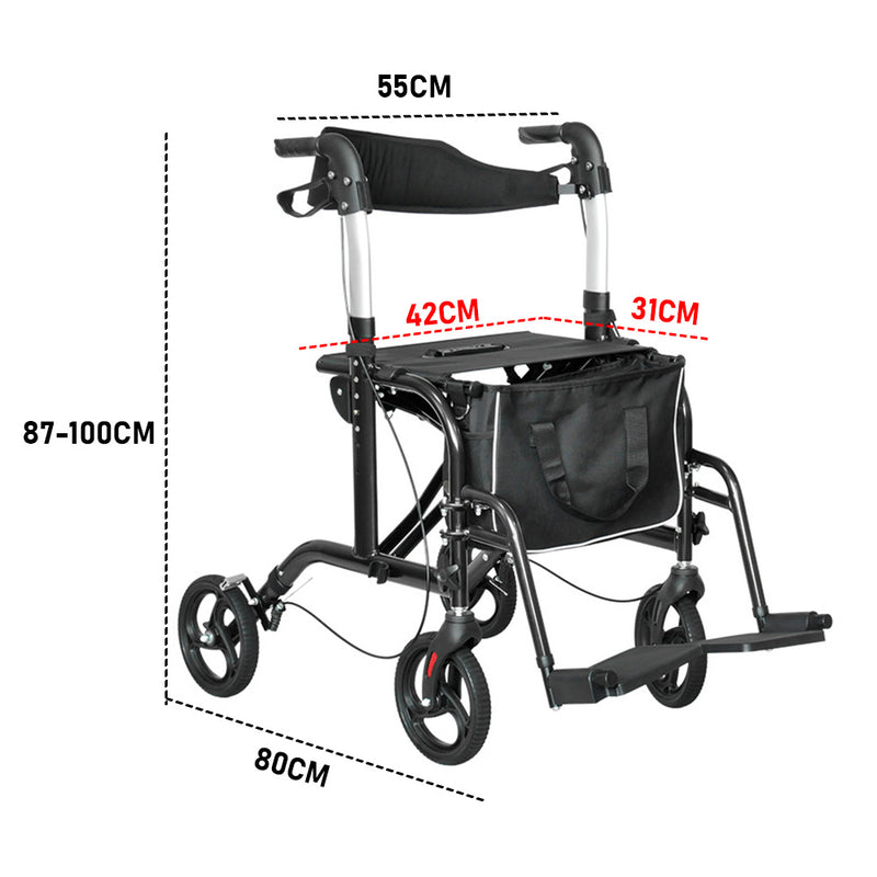 2-in-1 Black Wheelchair Walking Frame Rollator Mobility Walker Aid Wheels for Elderly Disability with Padded Seat,Adjustable Handle and Reversible Backrest