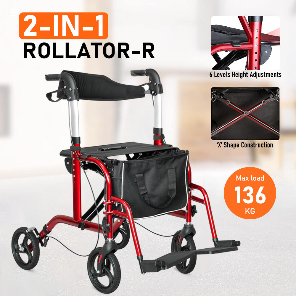 2-in-1 Red Wheelchair Walking Frame Rollator Mobility Walker Aid Wheels for Elderly Disability with Padded Seat,Adjustable Handle and Reversible Backrest