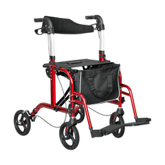 2-in-1 Red Wheelchair Walking Frame Rollator Mobility Walker Aid Wheels for Elderly Disability with Padded Seat,Adjustable Handle and Reversible Backrest