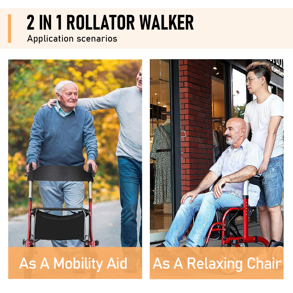 2-in-1 Red Wheelchair Walking Frame Rollator Mobility Walker Aid Wheels for Elderly Disability with Padded Seat,Adjustable Handle and Reversible Backrest