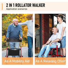 2-in-1 Red Wheelchair Walking Frame Rollator Mobility Walker Aid Wheels for Elderly Disability with Padded Seat,Adjustable Handle and Reversible Backrest