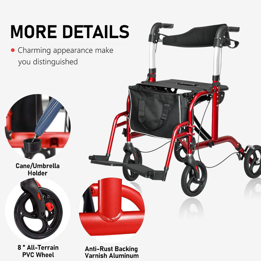 2-in-1 Red Wheelchair Walking Frame Rollator Mobility Walker Aid Wheels for Elderly Disability with Padded Seat,Adjustable Handle and Reversible Backrest