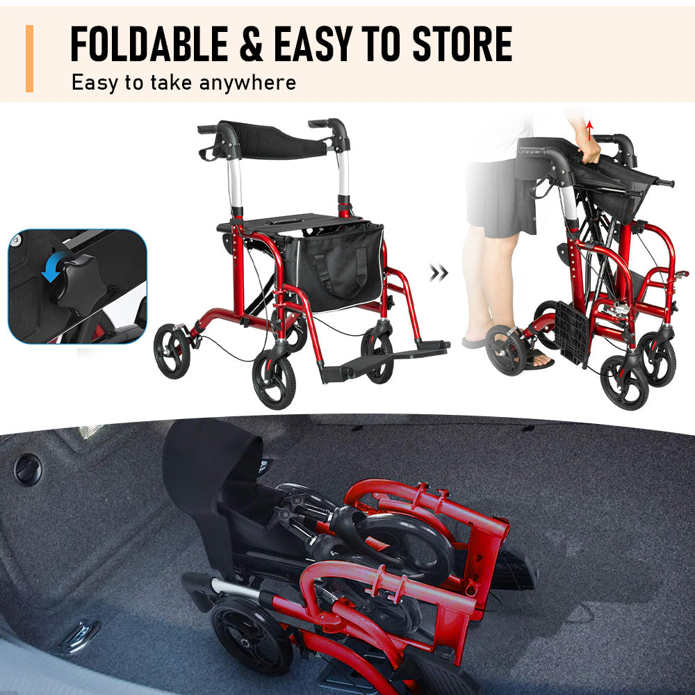 2-in-1 Red Wheelchair Walking Frame Rollator Mobility Walker Aid Wheels for Elderly Disability with Padded Seat,Adjustable Handle and Reversible Backrest