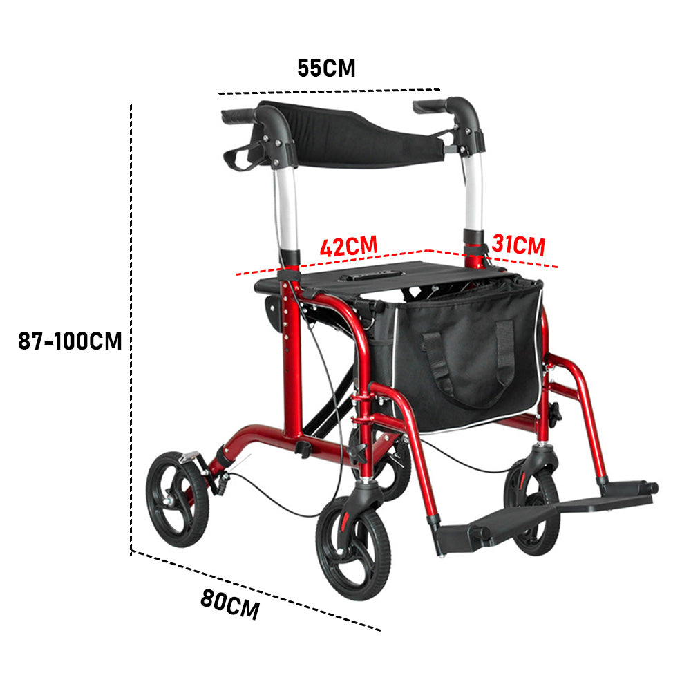 2-in-1 Red Wheelchair Walking Frame Rollator Mobility Walker Aid Wheels for Elderly Disability with Padded Seat,Adjustable Handle and Reversible Backrest