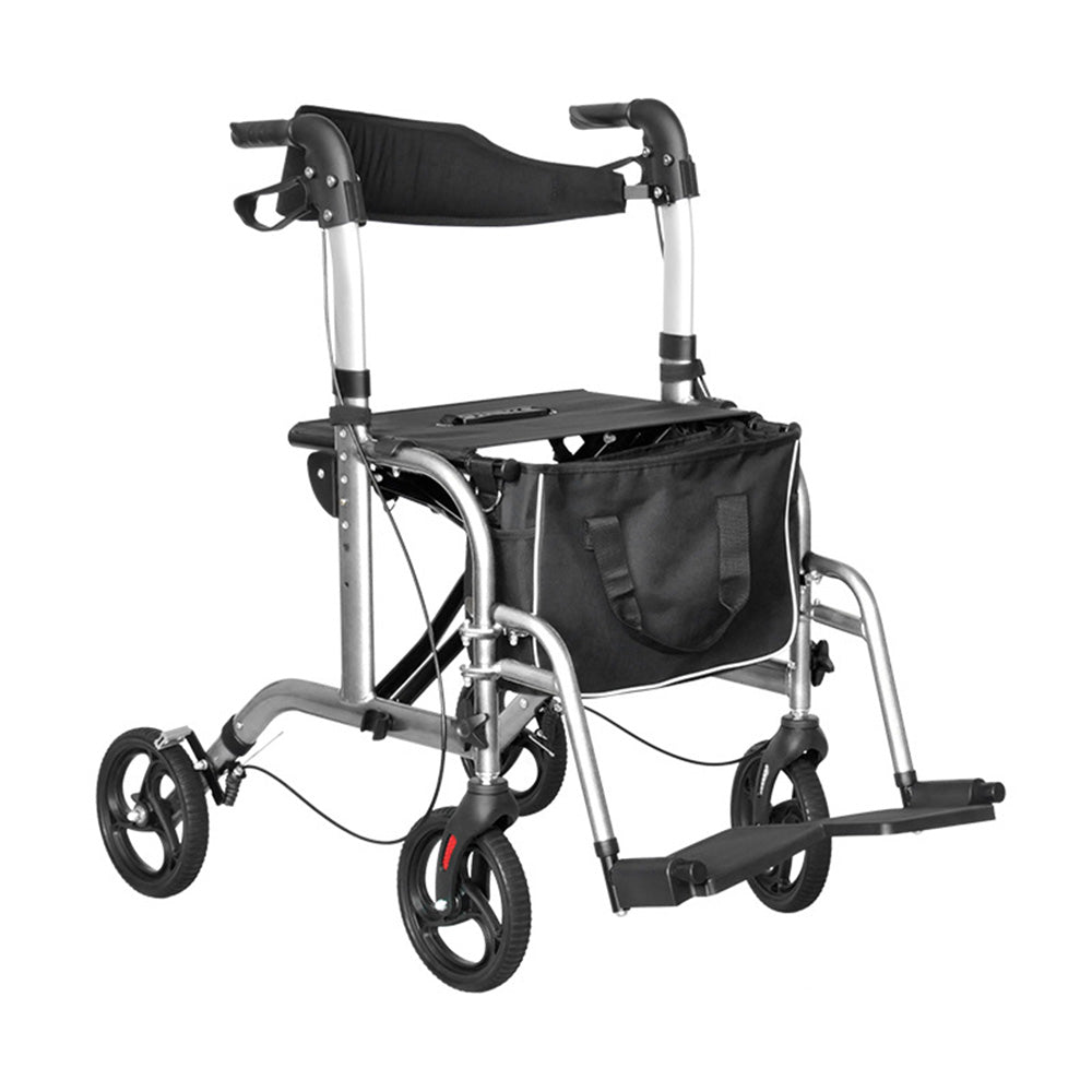 2-in-1 Silver Wheelchair Walking Frame Rollator Mobility Walker Aid Wheels for Elderly Disability with Padded Seat,Adjustable Handle and Reversible Backrest