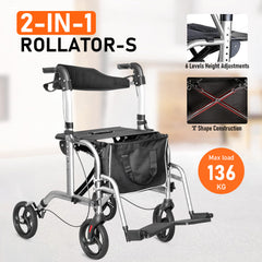 2-in-1 Silver Wheelchair Walking Frame Rollator Mobility Walker Aid Wheels for Elderly Disability with Padded Seat,Adjustable Handle and Reversible Backrest