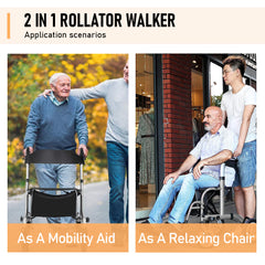 2-in-1 Silver Wheelchair Walking Frame Rollator Mobility Walker Aid Wheels for Elderly Disability with Padded Seat,Adjustable Handle and Reversible Backrest