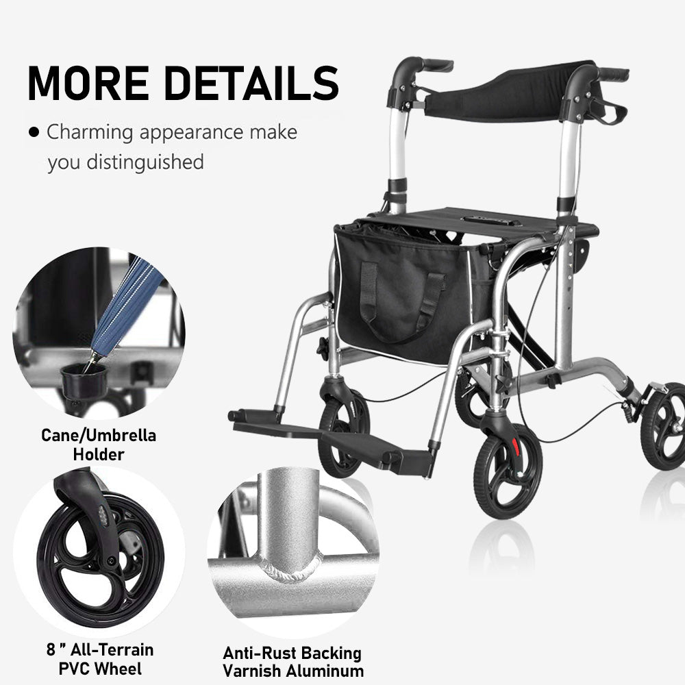 2-in-1 Silver Wheelchair Walking Frame Rollator Mobility Walker Aid Wheels for Elderly Disability with Padded Seat,Adjustable Handle and Reversible Backrest