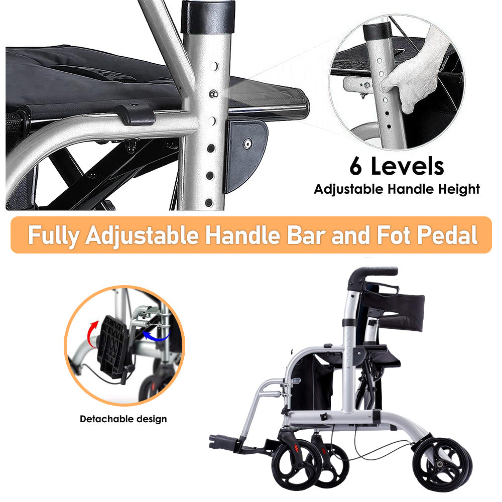 2-in-1 Silver Wheelchair Walking Frame Rollator Mobility Walker Aid Wheels for Elderly Disability with Padded Seat,Adjustable Handle and Reversible Backrest