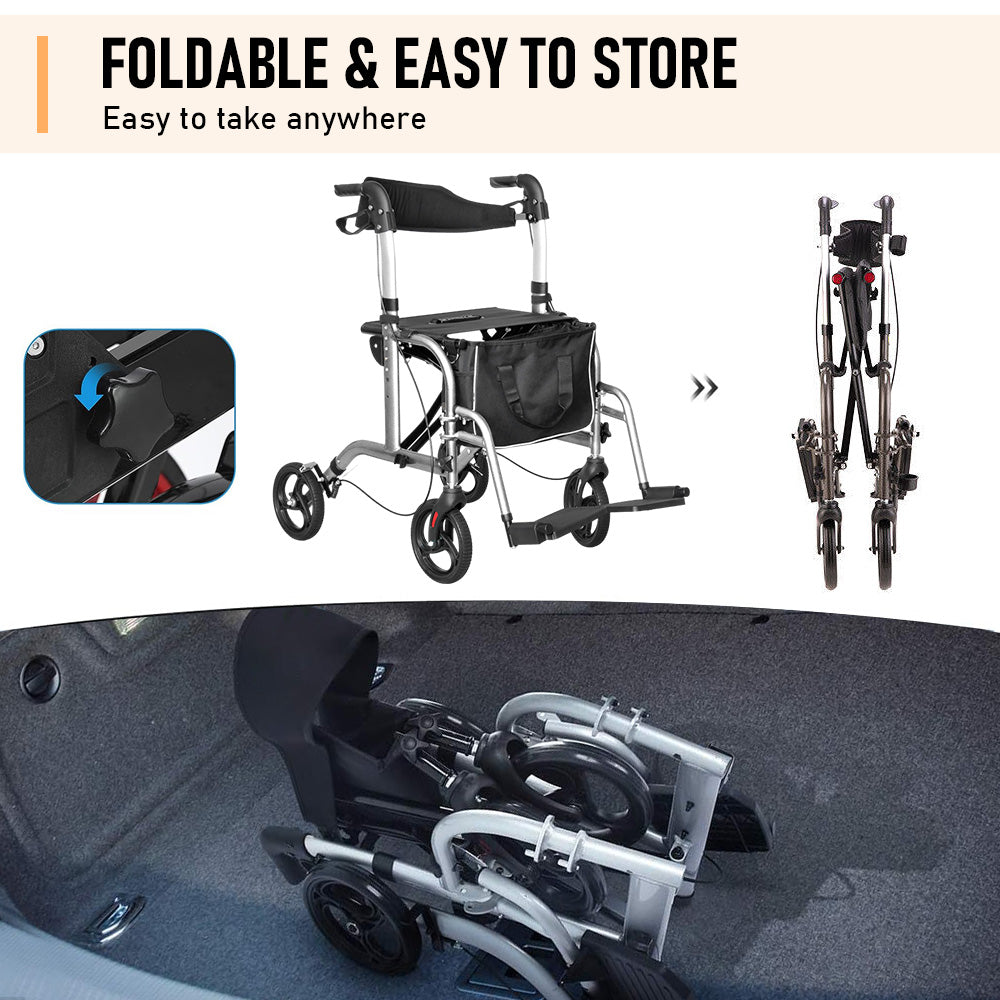 2-in-1 Silver Wheelchair Walking Frame Rollator Mobility Walker Aid Wheels for Elderly Disability with Padded Seat,Adjustable Handle and Reversible Backrest