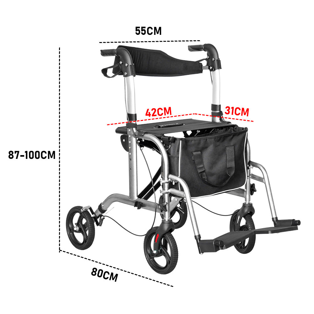 2-in-1 Silver Wheelchair Walking Frame Rollator Mobility Walker Aid Wheels for Elderly Disability with Padded Seat,Adjustable Handle and Reversible Backrest