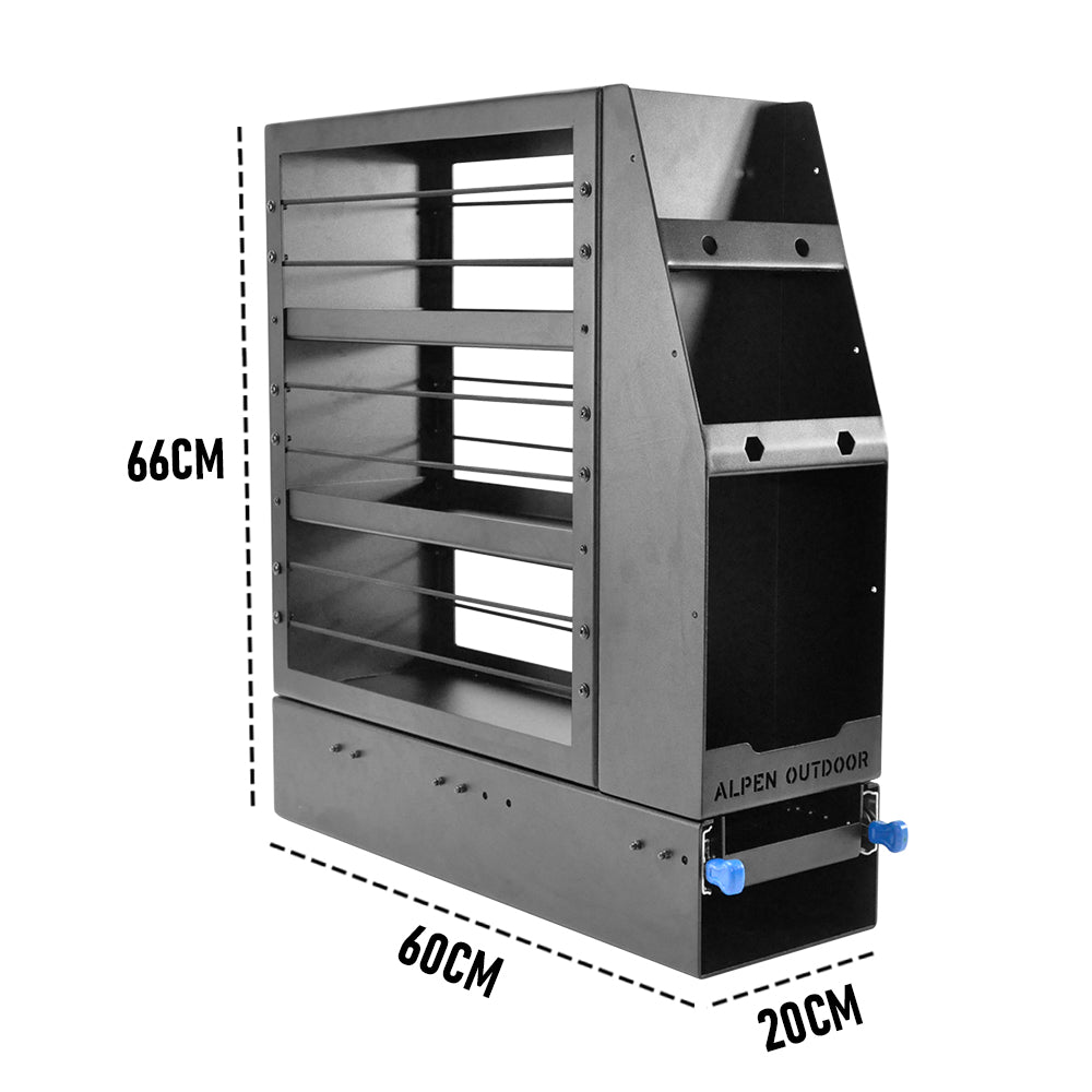 Alpen 200mm Aluminium Canopy Pantry Slideout Pullout Vehicle Organiser Pantry with Holder for Camper 4WD Van Ute Toolbox Outdoor Easy Access