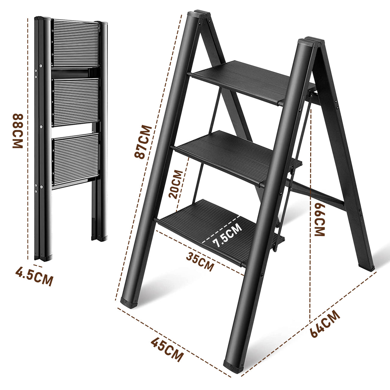 3 Step Folding Ladder Lightweight Aluminum Step Stools for Adults  Portable Stepladder Holds up to 150KG, for Household and Office Home Kitchen