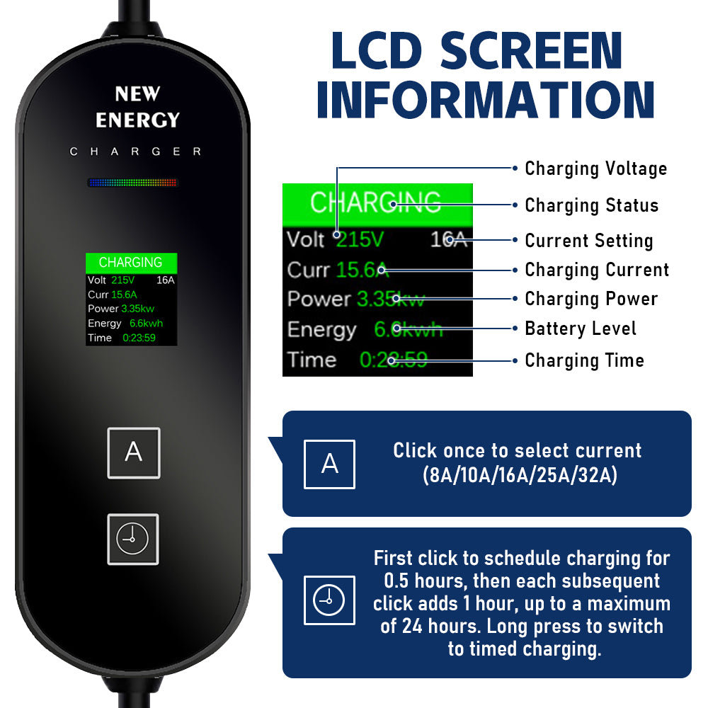 Wall Mountable Type 2 EV Charger for Electric Cars 7kW 32A 5M Optional Current Charging Setting Charging Cable with LCD Display