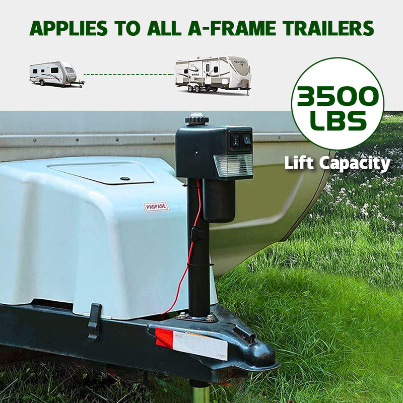 Electric A Frame Trailer Jack LED Light Power Tongue Jack Weight Capacity 3500 lbs 9Inch to 32Inch with Manual Crank Handle for RV Trailer Camper