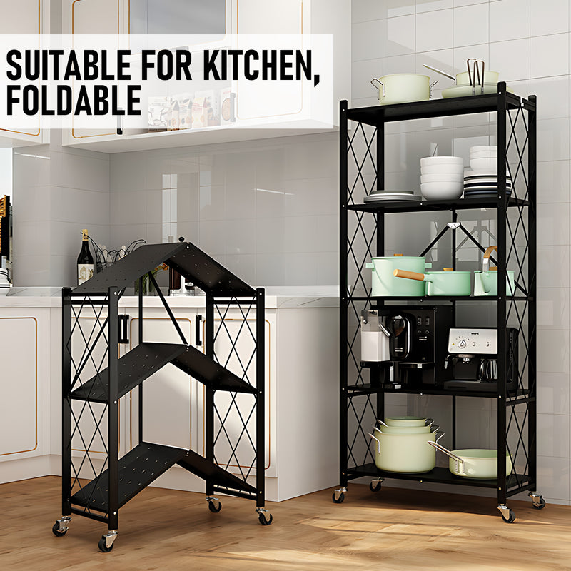 5 Tier Foldable Shelf Metal Display Rack Floor Standing Storage Capacity 100kg with Wheels for Commercial Retail Stores Bookcase Home Organizer Black