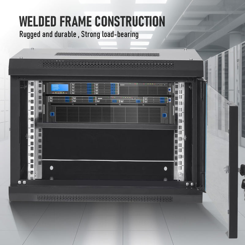 9U Cabinet Server Network Data Rack Wall Mount LAN Rack IT Equipment 20kg Max with Lockable Glass Door and Removable Side Panel Overall 0.6mm 450x542x400mm