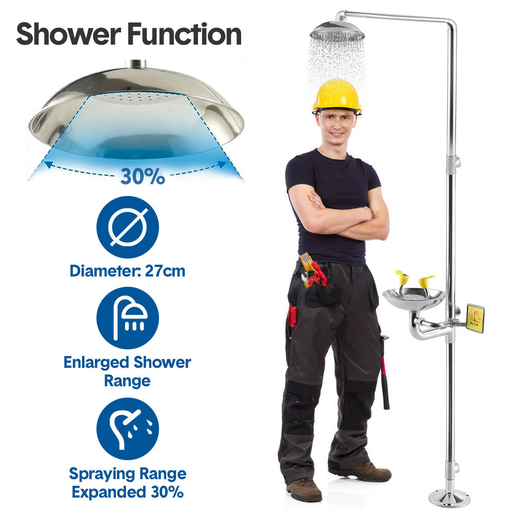 Eye Wash Station Emergency Shower Combination First Aid Face Eye Washer Continuous Flow with Pedal Luminous Sign Stainless Steel