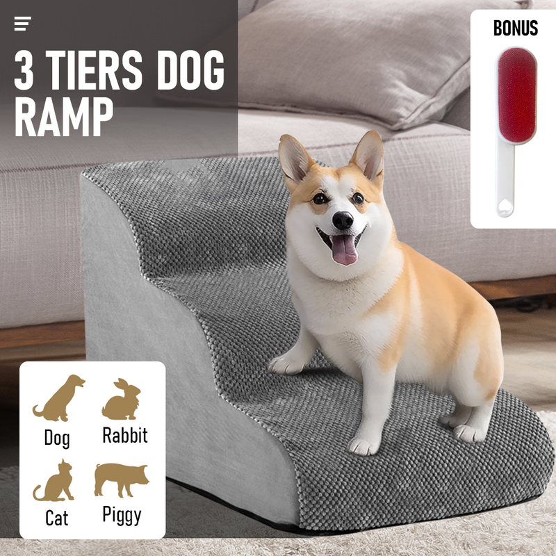 3 Tiers Dog Ramp Non-Slip Pet Steps Cat Stairs Foam Soft Pet Slope Max 40LBS Load for High Beds Sofa Couches With Zippered Washable Corduroy Cover Indoor