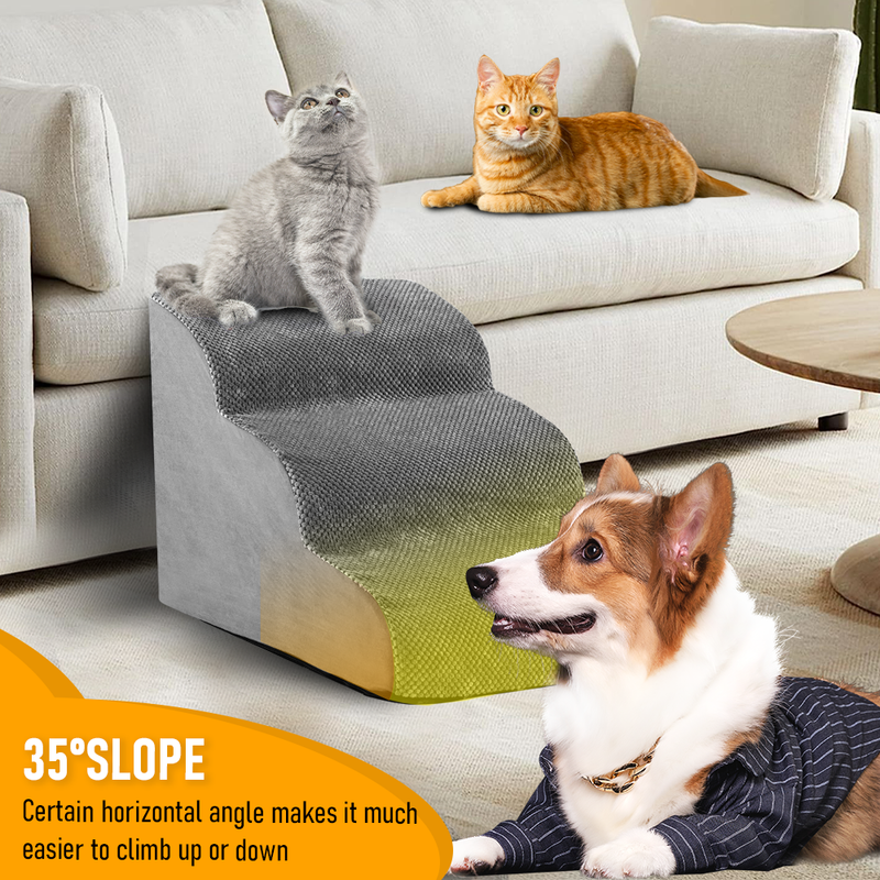 3 Tiers Dog Ramp Non-Slip Pet Steps Cat Stairs Foam Soft Pet Slope Max 40LBS Load for High Beds Sofa Couches With Zippered Washable Corduroy Cover Indoor