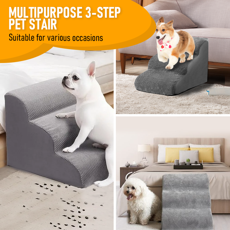 3 Tiers Dog Ramp Non-Slip Pet Steps Cat Stairs Foam Soft Pet Slope Max 40LBS Load for High Beds Sofa Couches With Zippered Washable Corduroy Cover Indoor