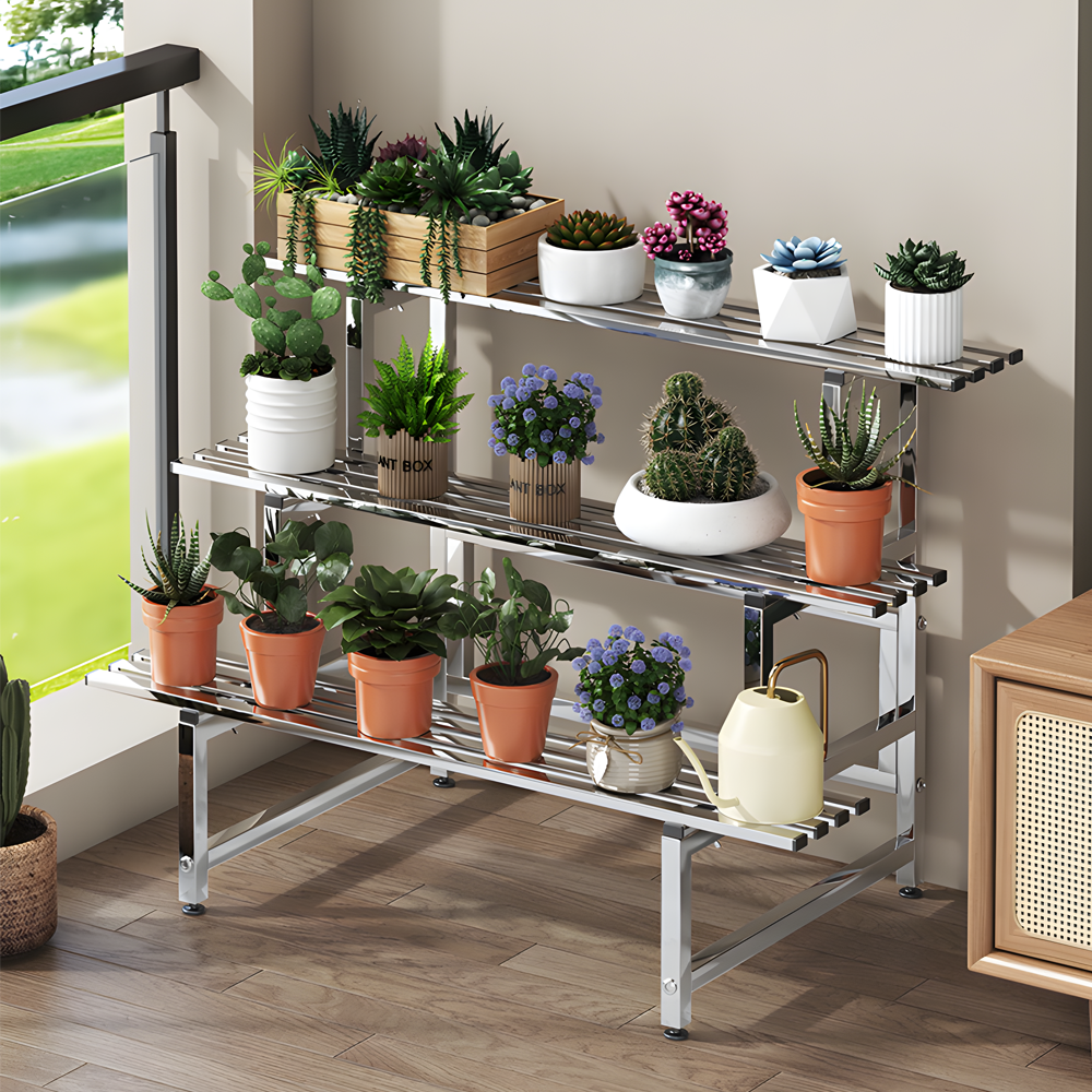 3 Tiers LARGE Plant Stand 120cm Width Stainless Steel Pots Holder Plant Stand Rack Flower Pots Ladder Display Shelf Pot Organiser for Garden Patio