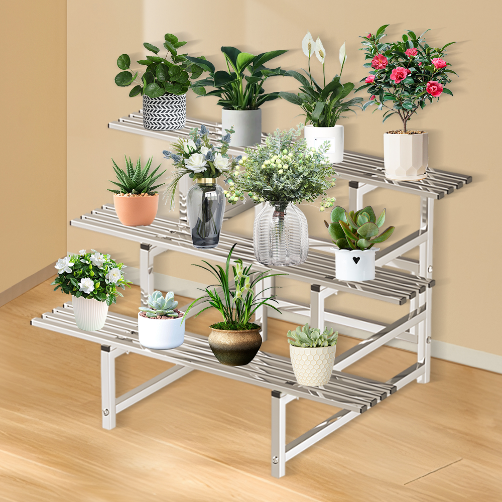 3 Tiers LARGE Plant Stand 120cm Width Stainless Steel Pots Holder Plant Stand Rack Flower Pots Ladder Display Shelf Pot Organiser for Garden Patio