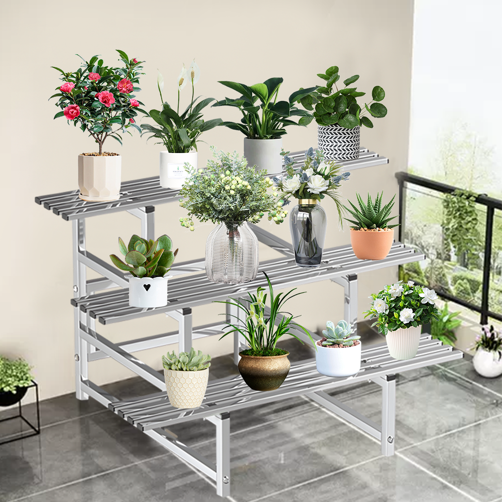 3 Tiers LARGE Plant Stand 120cm Width Stainless Steel Pots Holder Plant Stand Rack Flower Pots Ladder Display Shelf Pot Organiser for Garden Patio